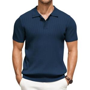 imageCOOFANDY Mens Knit Polo Shirts Short Sleeve Ribbed Knitted Shirt Summer Lightweight Casual Golf ShirtsNavy Blue