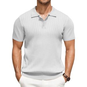 imageCOOFANDY Mens Knit Polo Shirts Short Sleeve Ribbed Knitted Shirt Summer Lightweight Casual Golf ShirtsWhite