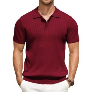 imageCOOFANDY Mens Knit Polo Shirts Short Sleeve Ribbed Knitted Shirt Summer Lightweight Casual Golf ShirtsWine Red