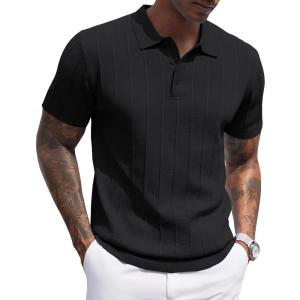 imageCOOFANDY Mens Knit Polo Shirts Short Sleeve Ribbed Textured Polo Shirt Lightweight Casual Golf Shirts Collared T ShirtBlack