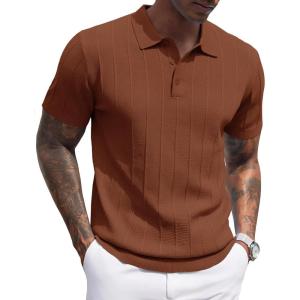 imageCOOFANDY Mens Knit Polo Shirts Short Sleeve Ribbed Textured Polo Shirt Lightweight Casual Golf Shirts Collared T ShirtBrown
