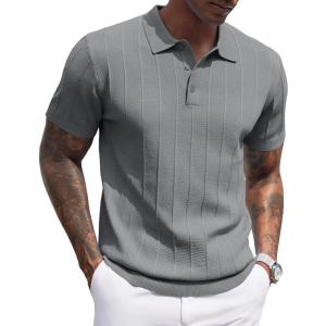 imageCOOFANDY Mens Knit Polo Shirts Short Sleeve Ribbed Textured Polo Shirt Lightweight Casual Golf Shirts Collared T ShirtDark Gray