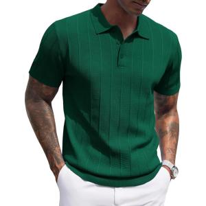 imageCOOFANDY Mens Knit Polo Shirts Short Sleeve Ribbed Textured Polo Shirt Lightweight Casual Golf Shirts Collared T ShirtDark Green