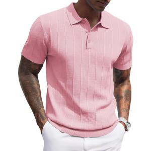 imageCOOFANDY Mens Knit Polo Shirts Short Sleeve Ribbed Textured Polo Shirt Lightweight Casual Golf Shirts Collared T ShirtDark Pink