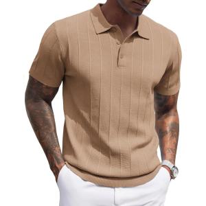 imageCOOFANDY Mens Knit Polo Shirts Short Sleeve Ribbed Textured Polo Shirt Lightweight Casual Golf Shirts Collared T ShirtKhaki