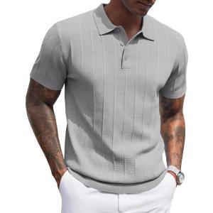 imageCOOFANDY Mens Knit Polo Shirts Short Sleeve Ribbed Textured Polo Shirt Lightweight Casual Golf Shirts Collared T ShirtLight Gray