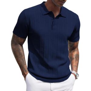 imageCOOFANDY Mens Knit Polo Shirts Short Sleeve Ribbed Textured Polo Shirt Lightweight Casual Golf Shirts Collared T ShirtNavy Blue