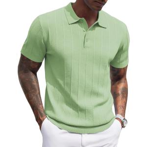 imageCOOFANDY Mens Knit Polo Shirts Short Sleeve Ribbed Textured Polo Shirt Lightweight Casual Golf Shirts Collared T ShirtOlive Green