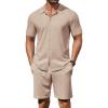 imageCOOFANDY Mens 2 Piece Outfits Sets Casual Short Sleeve Button Down Knit Shirt and Shorts Sets Summer Beach OutfitsKhaki
