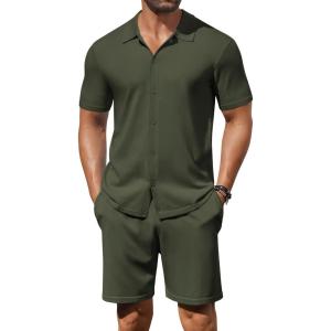 imageCOOFANDY Mens 2 Piece Outfits Sets Casual Short Sleeve Button Down Knit Shirt and Shorts Sets Summer Beach OutfitsArmy Green