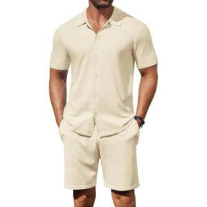 imageCOOFANDY Mens 2 Piece Outfits Sets Casual Short Sleeve Button Down Knit Shirt and Shorts Sets Summer Beach OutfitsBeige