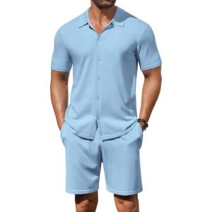 imageCOOFANDY Mens 2 Piece Outfits Sets Casual Short Sleeve Button Down Knit Shirt and Shorts Sets Summer Beach OutfitsBlue