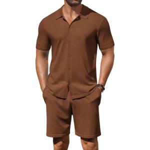 imageCOOFANDY Mens 2 Piece Outfits Sets Casual Short Sleeve Button Down Knit Shirt and Shorts Sets Summer Beach OutfitsBrown