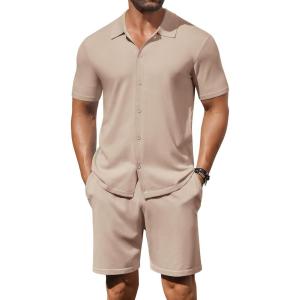 imageCOOFANDY Mens 2 Piece Outfits Sets Casual Short Sleeve Button Down Knit Shirt and Shorts Sets Summer Beach OutfitsKhaki