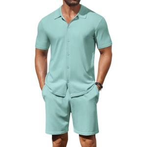 imageCOOFANDY Mens 2 Piece Outfits Sets Casual Short Sleeve Button Down Knit Shirt and Shorts Sets Summer Beach OutfitsLight Green