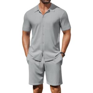 imageCOOFANDY Mens 2 Piece Outfits Sets Casual Short Sleeve Button Down Knit Shirt and Shorts Sets Summer Beach OutfitsLight Grey