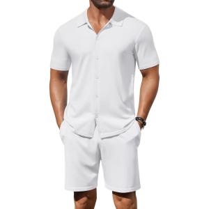imageCOOFANDY Mens 2 Piece Outfits Sets Casual Short Sleeve Button Down Knit Shirt and Shorts Sets Summer Beach OutfitsLight Khaki