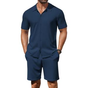 imageCOOFANDY Mens 2 Piece Outfits Sets Casual Short Sleeve Button Down Knit Shirt and Shorts Sets Summer Beach OutfitsNavy Blue