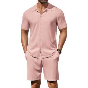 imageCOOFANDY Mens 2 Piece Outfits Sets Casual Short Sleeve Button Down Knit Shirt and Shorts Sets Summer Beach OutfitsPink