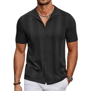 imageCOOFANDY Mens Knit Shirt Short Sleeve Button Down Vintage Polo Shirts Casual Summer Beach ShirtsBlack