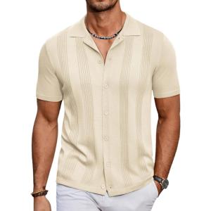 imageCOOFANDY Mens Knit Shirt Short Sleeve Button Down Vintage Polo Shirts Casual Summer Beach ShirtsCream
