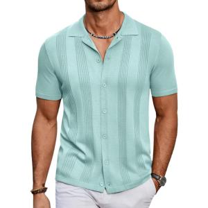 imageCOOFANDY Mens Knit Shirt Short Sleeve Button Down Vintage Polo Shirts Casual Summer Beach ShirtsIce Green