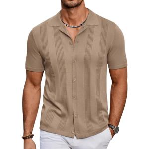 imageCOOFANDY Mens Knit Shirt Short Sleeve Button Down Vintage Polo Shirts Casual Summer Beach ShirtsKhaki