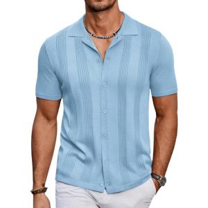 imageCOOFANDY Mens Knit Shirt Short Sleeve Button Down Vintage Polo Shirts Casual Summer Beach ShirtsLight Blue