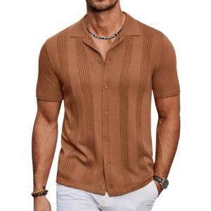 imageCOOFANDY Mens Knit Shirt Short Sleeve Button Down Vintage Polo Shirts Casual Summer Beach ShirtsLight Brown