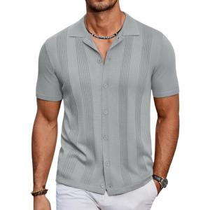 imageCOOFANDY Mens Knit Shirt Short Sleeve Button Down Vintage Polo Shirts Casual Summer Beach ShirtsLight Grey