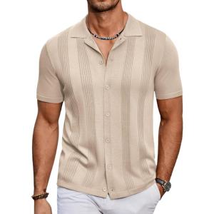 imageCOOFANDY Mens Knit Shirt Short Sleeve Button Down Vintage Polo Shirts Casual Summer Beach ShirtsLight Khaki