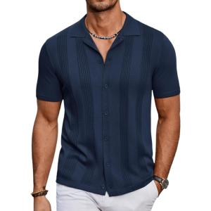 imageCOOFANDY Mens Knit Shirt Short Sleeve Button Down Vintage Polo Shirts Casual Summer Beach ShirtsNavy Blue