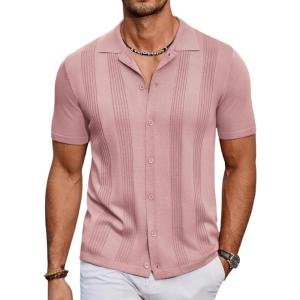 imageCOOFANDY Mens Knit Shirt Short Sleeve Button Down Vintage Polo Shirts Casual Summer Beach ShirtsPink