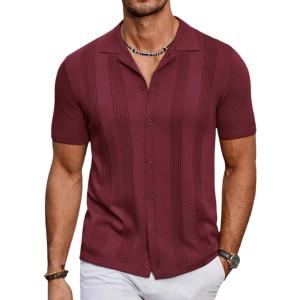 imageCOOFANDY Mens Knit Shirt Short Sleeve Button Down Vintage Polo Shirts Casual Summer Beach ShirtsWine Red