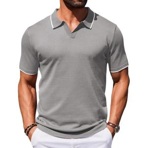 imageCOOFANDY Mens Polo Shirts Short Sleeve Casual Knit Polo Shirt Vintage Golf T Shirts Old Money TopsLight Grey