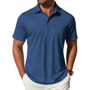 imageCOOFANDY Mens Polo Shirts Short Sleeve Casual Shirts with PocketDenim Blue