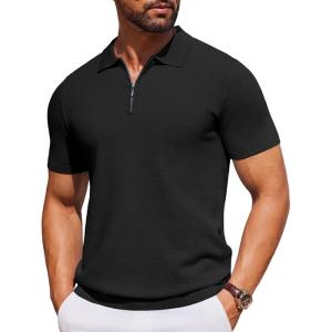 imageCOOFANDY Mens Short Sleeve Polo Shirts Zipper Knit Collar Shirt Lightweight Golf Polo ShirtBlack