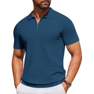imageCOOFANDY Mens Short Sleeve Polo Shirts Zipper Knit Collar Shirt Lightweight Golf Polo ShirtBlue