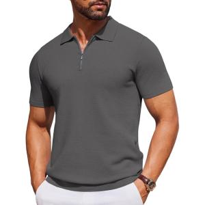 imageCOOFANDY Mens Short Sleeve Polo Shirts Zipper Knit Collar Shirt Lightweight Golf Polo ShirtDark Grey