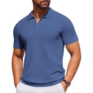 imageCOOFANDY Mens Short Sleeve Polo Shirts Zipper Knit Collar Shirt Lightweight Golf Polo ShirtDenim Blue