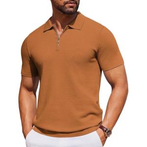 imageCOOFANDY Mens Short Sleeve Polo Shirts Zipper Knit Collar Shirt Lightweight Golf Polo ShirtLight Brown