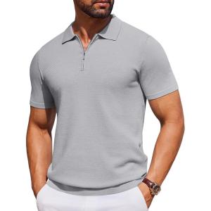 imageCOOFANDY Mens Short Sleeve Polo Shirts Zipper Knit Collar Shirt Lightweight Golf Polo ShirtLight Grey