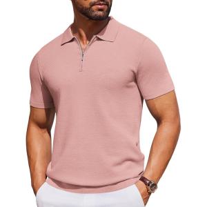 imageCOOFANDY Mens Short Sleeve Polo Shirts Zipper Knit Collar Shirt Lightweight Golf Polo ShirtLight Pink