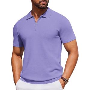 imageCOOFANDY Mens Short Sleeve Polo Shirts Zipper Knit Collar Shirt Lightweight Golf Polo ShirtLilac