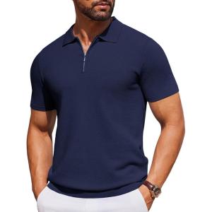 imageCOOFANDY Mens Short Sleeve Polo Shirts Zipper Knit Collar Shirt Lightweight Golf Polo ShirtNavy Blue