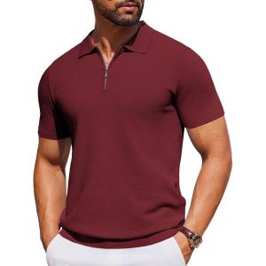imageCOOFANDY Mens Short Sleeve Polo Shirts Zipper Knit Collar Shirt Lightweight Golf Polo ShirtWine Red