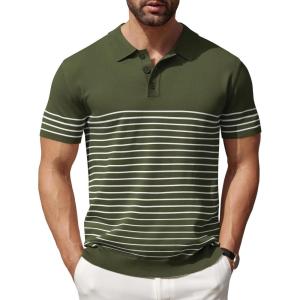 imageCOOFANDY Mens Knit Polo Shirts Short Sleeve Striped Golf Polo Shirts Lightweight Casual Collared T ShirtArmy Green White Stripes