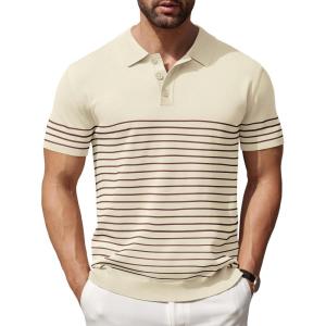 imageCOOFANDY Mens Knit Polo Shirts Short Sleeve Striped Golf Polo Shirts Lightweight Casual Collared T ShirtBeige Caramel Stripes