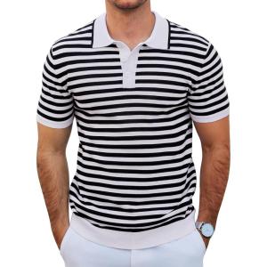 imageCOOFANDY Mens Knit Polo Shirts Short Sleeve Striped Golf Polo Shirts Lightweight Casual Collared T ShirtBlack Stripes