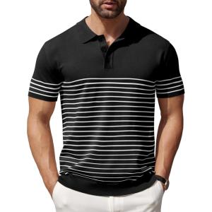 imageCOOFANDY Mens Knit Polo Shirts Short Sleeve Striped Golf Polo Shirts Lightweight Casual Collared T ShirtBlack White Stripes